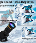 Image showing High Speed H.264 4K 60fps video camera with different resolution options while capturing a snowboarder in action.
