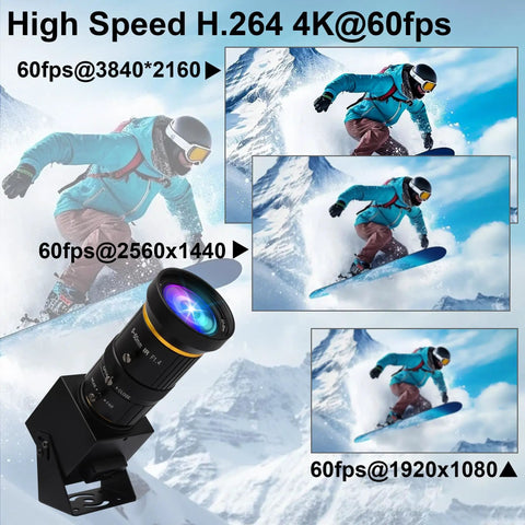 Image showing High Speed H.264 4K 60fps video camera with different resolution options while capturing a snowboarder in action.