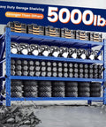 Tough As Nails Four Tier Garage Shelving Unit Built Tough To Handle Up To Five Thousand Pounds with weights and tires on shelves.