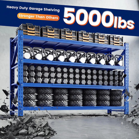 Tough As Nails Four Tier Garage Shelving Unit Built Tough To Handle Up To Five Thousand Pounds with weights and tires on shelves.