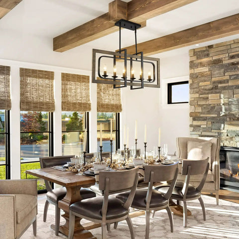 Dining room with Rustic Farmhouse Chandelier For Dining Room Six Light Wood Pendant Light For Kitchen Island Over Table