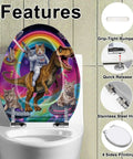 Elongated Quiet Close Toilet Seat for Bathroom with fun cat and dinosaur theme, durable resin material, and stainless steel hinges.