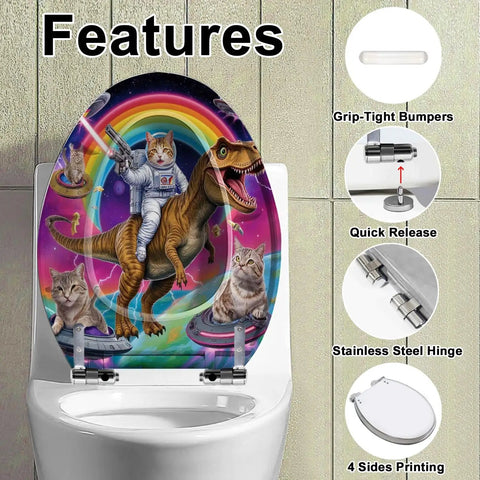 Elongated Quiet Close Toilet Seat for Bathroom with fun cat and dinosaur theme, durable resin material, and stainless steel hinges.