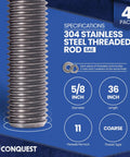 304 Stainless Steel Threaded Rod 5 Eighths Inch 11 TPI 36 Inch Long 4 Pack shown with specs and two washers