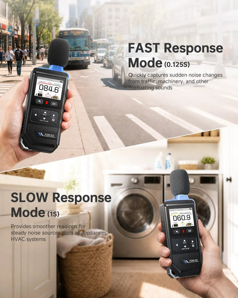 Real Time Decibel Meter With 2 Inch IPS Screen For Home And Office A Weighted Sound Level Meter Measuring 30 To 130 dB For TVs, Speakers, Appliances, Toys, Pool Pumps With Light And Dark Theme in fast and slow response modes
