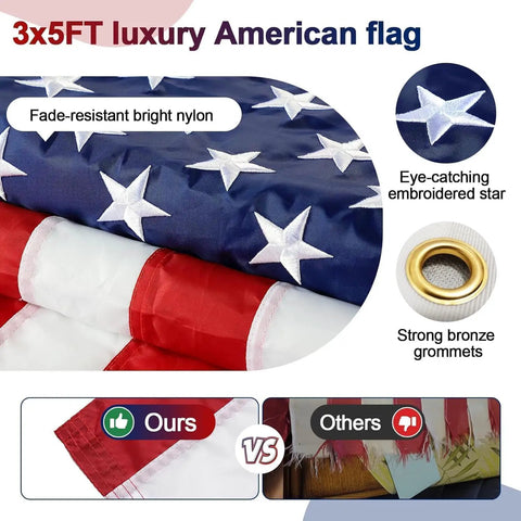 Close-up of 3x5 luxury American flag with embroidered stars and bronze grommets, part of All In One Outdoor Flag Kit With 5ft Heavy Duty Flag Pole Holder 3x5 Embroidered American Flag Stainless Steel Pole Wall Mount Bracket Tangle Free Rotating Rings Easy Porch Garage Yard Display