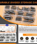 60 Piece Stainless Steel Extension Spring Set in 12 Sizes with Hook End, tension springs in divided storage case for DIY use.