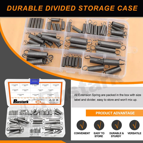 60 Piece Stainless Steel Extension Spring Set in 12 Sizes with Hook End, tension springs in divided storage case for DIY use.