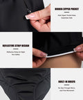 Women's Running Shorts With Zip Pocket And Built In Liner detail showing hidden zipper, reflective strip, and built-in briefs