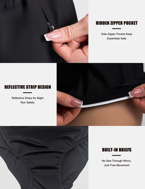 Women's Running Shorts With Zip Pocket And Built In Liner detail showing hidden zipper, reflective strip, and built-in briefs