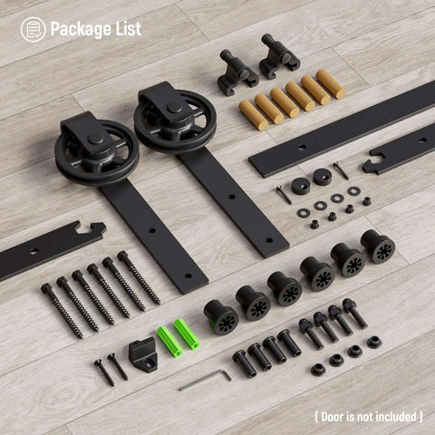 Beefy Sliding Barn Door Hardware Kit 20ft Rail Single Set Carbon Steel Track System Heavy Duty 330Lb Capacity components on floor