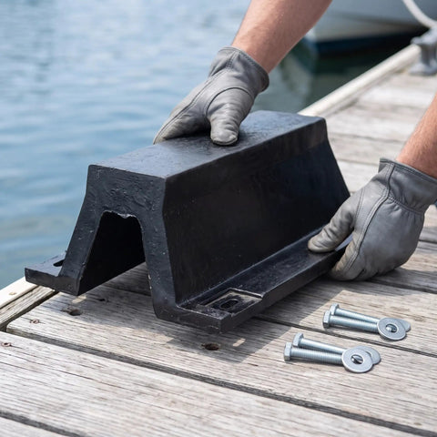 Arch Rubber Dock Protection for Piers and Boats, black marine-grade bumper on dock with bolts, heavy-duty guard in use