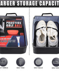 Soft Padded Golf Shoe Bag With Durable 300D Polyester Oxford Fabric And 210D Liner, Water-Resistant, containing golf shoes and accessories