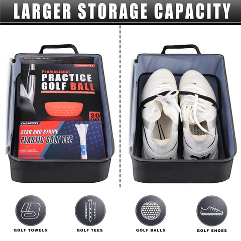 Soft Padded Golf Shoe Bag With Durable 300D Polyester Oxford Fabric And 210D Liner, Water-Resistant, containing golf shoes and accessories