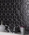 Matte Black Porcelain Rhombus Tile For Floors And Walls, Mesh-Mounted Mosaic, 10.5 In By 12.13 In in a modern bathroom setting