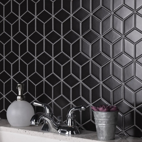 Matte Black Porcelain Rhombus Tile For Floors And Walls, Mesh-Mounted Mosaic, 10.5 In By 12.13 In in a modern bathroom setting