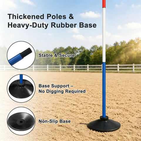 Thickened poles with heavy-duty rubber base from Six 6-Foot Adjustable Pole Bending Poles For Horses And Pups.