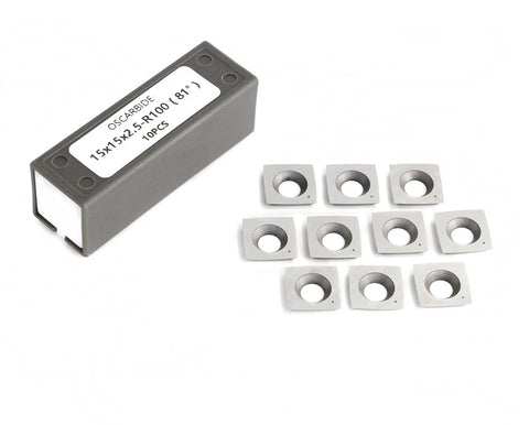Pro Grade Spiral Shelix Carbide Insert Set For Wood Planer Heads, 15mm Square Cutters 15x15x2.5mm R100, 10 pc set shown