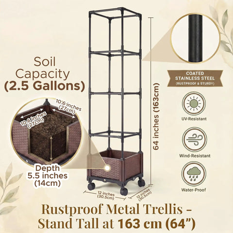 Self Watering Tomato Planter With Trellis 64 Inch Raised Garden Bed; coated stainless steel, soil capacity 2.5 gallons