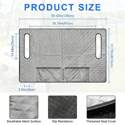 Diagram of Universal Golf Cart Seat Cover Towel Blanket with Four Front Pockets, sizes and features displayed.