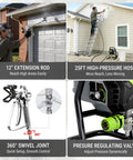 700W Airless Paint Sprayer Delivers 2900 PSI Of Raw Power For Effortless Home Makeovers, showing 12" extension rod, high-pressure hose, and swivel joint.