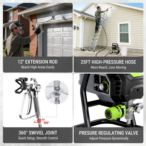 700W Airless Paint Sprayer Delivers 2900 PSI Of Raw Power For Effortless Home Makeovers, showing 12" extension rod, high-pressure hose, and swivel joint.