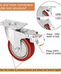 4 Inch Heavy Duty Casters With Dual Locking Swivel Wheels And Non Marking Polyurethane Tires for furniture, detail of locking mechanism.
