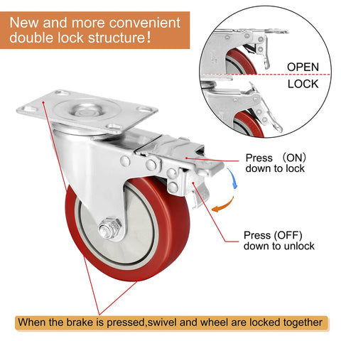 4 Inch Heavy Duty Casters With Dual Locking Swivel Wheels And Non Marking Polyurethane Tires for furniture, detail of locking mechanism.