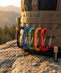Heavy Duty Wire Gate Carabiner Clip Set 7075 Aluminum Lightweight Mini Carabiners 5 Pack clipped to backpack outdoors