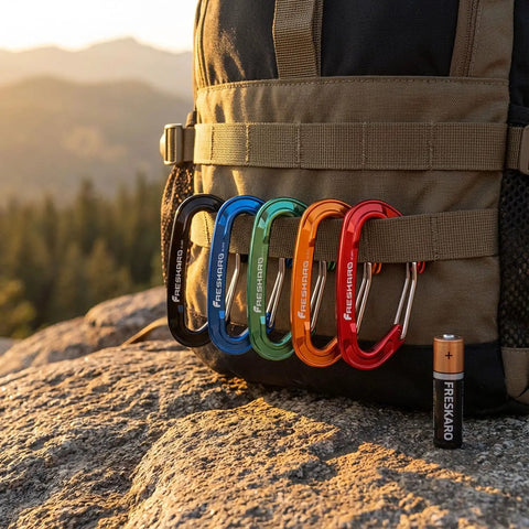 Heavy Duty Wire Gate Carabiner Clip Set 7075 Aluminum Lightweight Mini Carabiners 5 Pack clipped to backpack outdoors