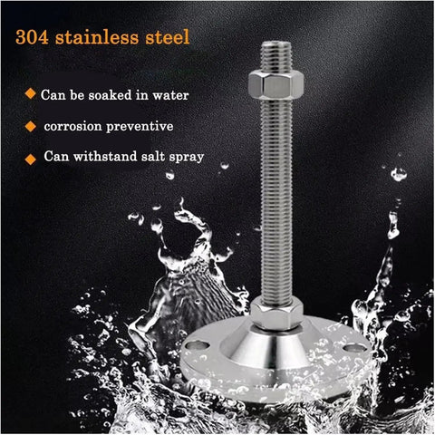 Rock Solid Adjustable Furniture Leveling Feet With Non Slip Stainless Steel Base Anti Wobble Threaded Glides For Uneven Floors Heavy Duty Shock Absorber Pack Of Two, showcasing 304 stainless steel material with water resistance.