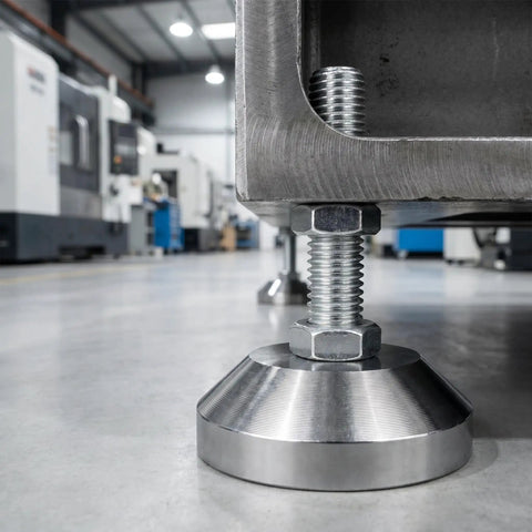 Beefy Heavy Duty Leveling Feet for Workbenches and Machinery, 2.36 Inch Base, shown supporting a machine in a workshop