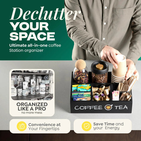 All In One Coffee Station Organizer For Your Coffee Bar Setup And Tea Storage, featuring adjustable compartments and solid pine wood.
