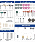 All In One 698 Piece Rotary Tool Accessories Kit with polishing, grinding, carving, and sharpening tools displayed in sections