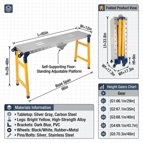 Heavy Duty Steel Welding Platform And Collapsible Workbench Table Loads Up To 1100 Pounds showing dimensions and materials for optimal workspace.