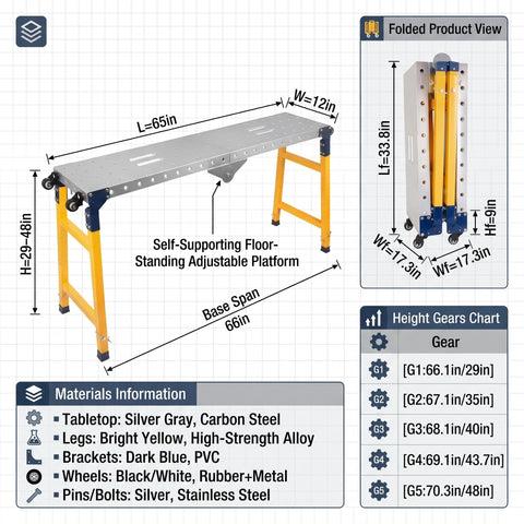 Rock Solid Foldable Welding Table With Height Adjustable Steel Top Collapsible Workbench perfect for small garages, showing dimensions and materials.