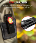 Clip On EDC Ready Rechargeable Pocket Light with 700 Lumen Dual Light Sources attached to a backpack pouch, side view.