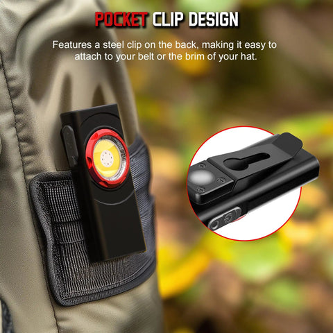 Clip On EDC Ready Rechargeable Pocket Light with 700 Lumen Dual Light Sources attached to a backpack pouch, side view.