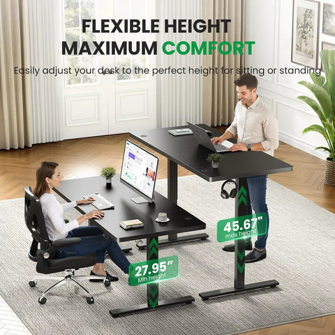 Electric Standing Desk 60x28 Inch Sit Stand Desk With 1 Inch Thick Top in home office setup with adjustable height demonstration.