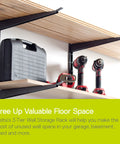 Heavy Duty Wood And Lumber Wall Storage Rack With 480 Lb Capacity Steel Mounted Three Tier Shelf For Garage Basement Outdoor Use Free Floor Space Easy Install Indoor And Outdoor Storage Solution with tools and toolbox.