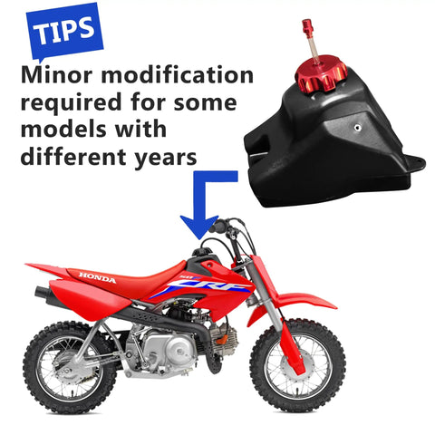 3.5L Dirt Bike Gas Tank With Aluminum Cap, Fuel Filter And Petcock, Fits Honda CRF50 XR50, Red Cap next to Honda bike