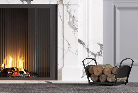 Foldable Fireplace Log Holder and Firewood Rack for Indoor Outdoor Use Heavy Duty Steel Construction by the fireplace