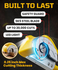 Hella Cool Cordless Electric Scissors With Bright LED Light And Safety Lock For Easy Cardboard Cutting showing SK5 steel blade and safety guard.