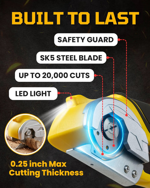 Hella Cool Cordless Electric Scissors With Bright LED Light And Safety Lock For Easy Cardboard Cutting showing SK5 steel blade and safety guard.