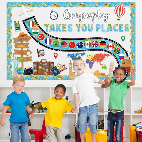 Children in front of Geography Bulletin Board Set Must Have Adventure Travel Map Classroom Decor With World Countries Flags.