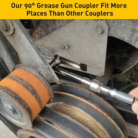 90 Degree Grease Gun Coupler Set Right Angle Zerk Fittings Adapter for Tight Spaces in use on industrial machinery
