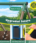 All In One Backyard Swing Set With Slide Crawl Tunnel And Monkey Bars For Kids Aged 3 To 12 Outdoor Metal Playground Set 660 Pound Weight Capacity 5 In 1 Design Sturdy A Frame And Ground Stakes showing A-frame, stakes, and net.