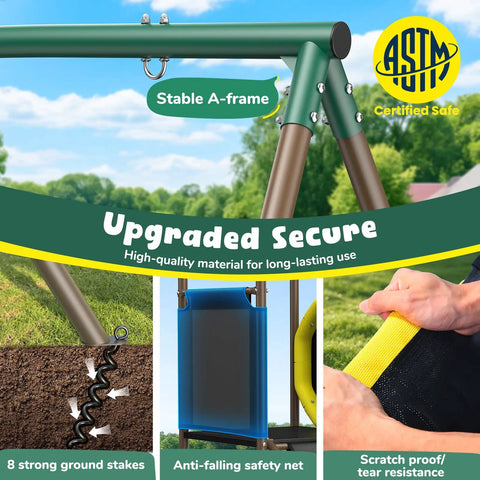 All In One Backyard Swing Set With Slide Crawl Tunnel And Monkey Bars For Kids Aged 3 To 12 Outdoor Metal Playground Set 660 Pound Weight Capacity 5 In 1 Design Sturdy A Frame And Ground Stakes showing A-frame, stakes, and net.