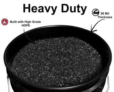 Close-up of black 5 Gallon Airtight Lid Bucket With Gasket For Food Storage Paint Pet Food And More Built Tough Heavy Duty BPA Free Plastic