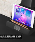 Electric Dual Monitor Sit Stand Desk Converter With 28 Inch Base Height Adjustable Desktop Riser showing built-in storage space with tablet and pens